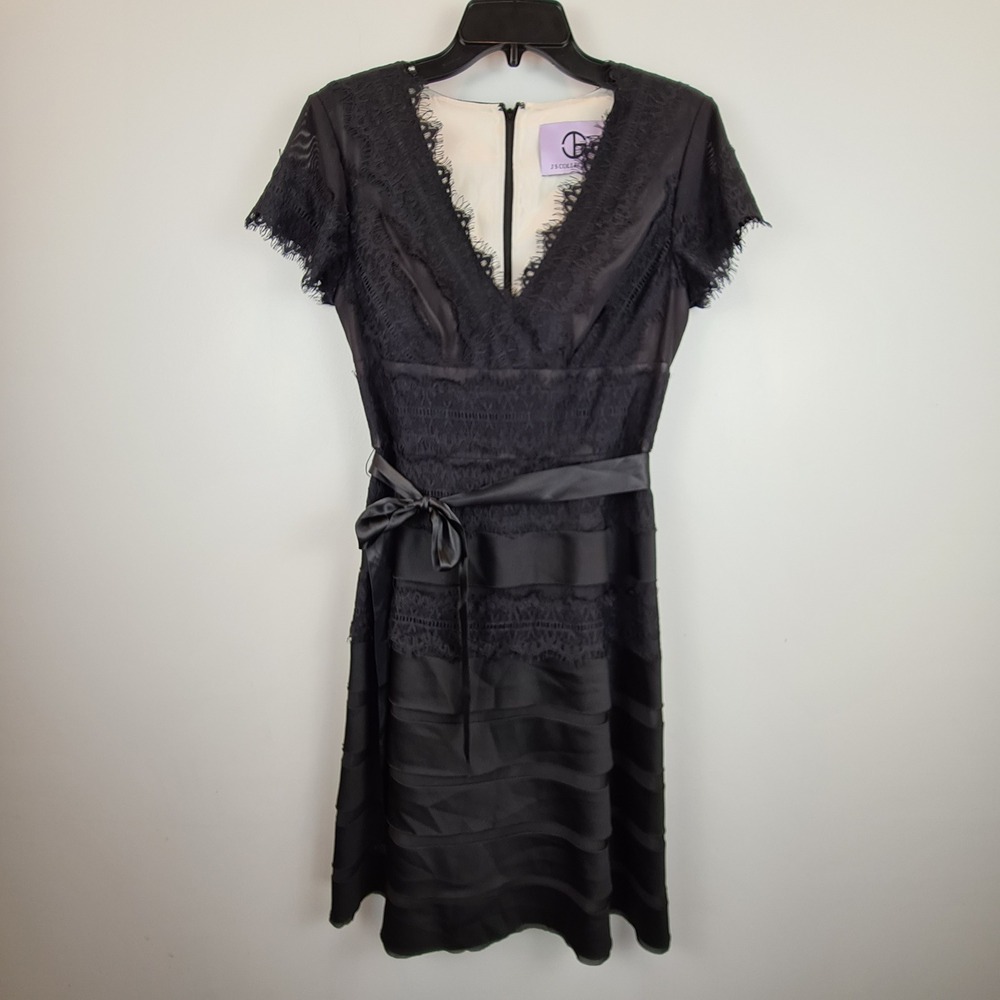 JS Collections Black Lace Tiered Fit & Flare Dress 2* V-Neck Satin Tie Cocktail